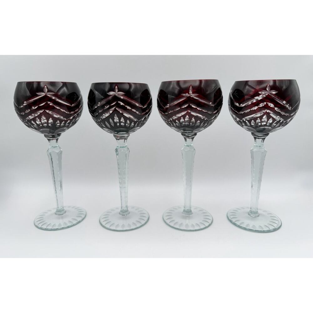 Godinger Crystal Ruby Red Cut to Clear Hock Wine Glass 8.5” Set of 4 Vintage